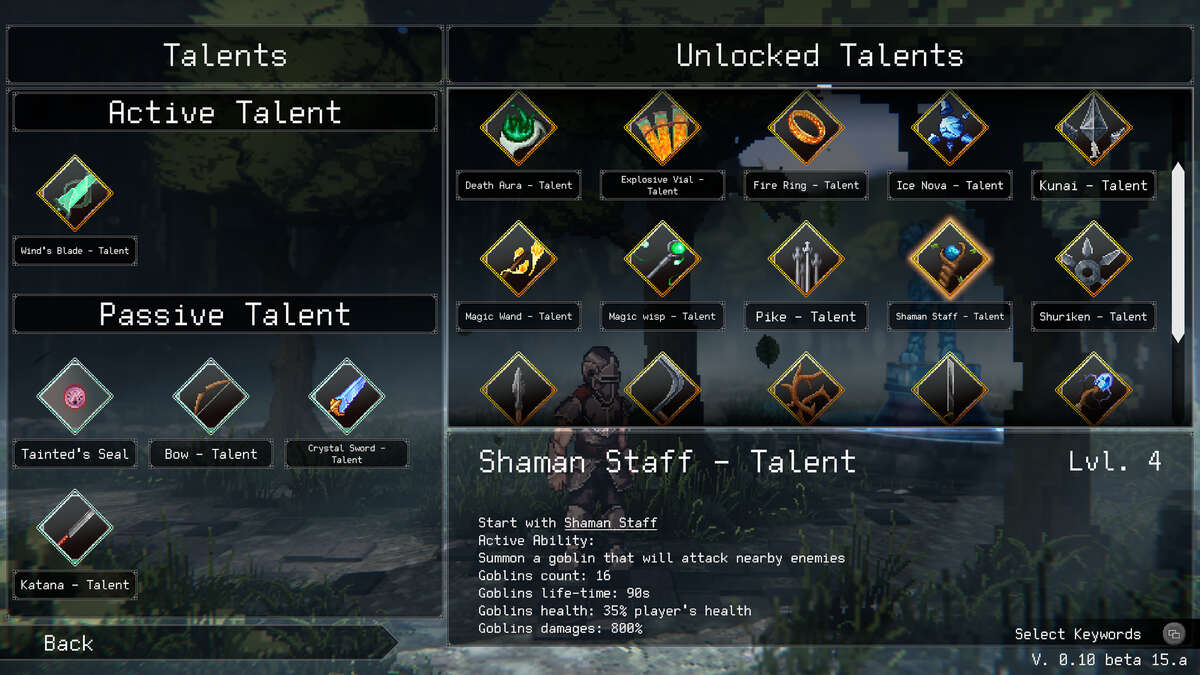 The Talent screen in rogue genesia, in which the player selects which talents are active