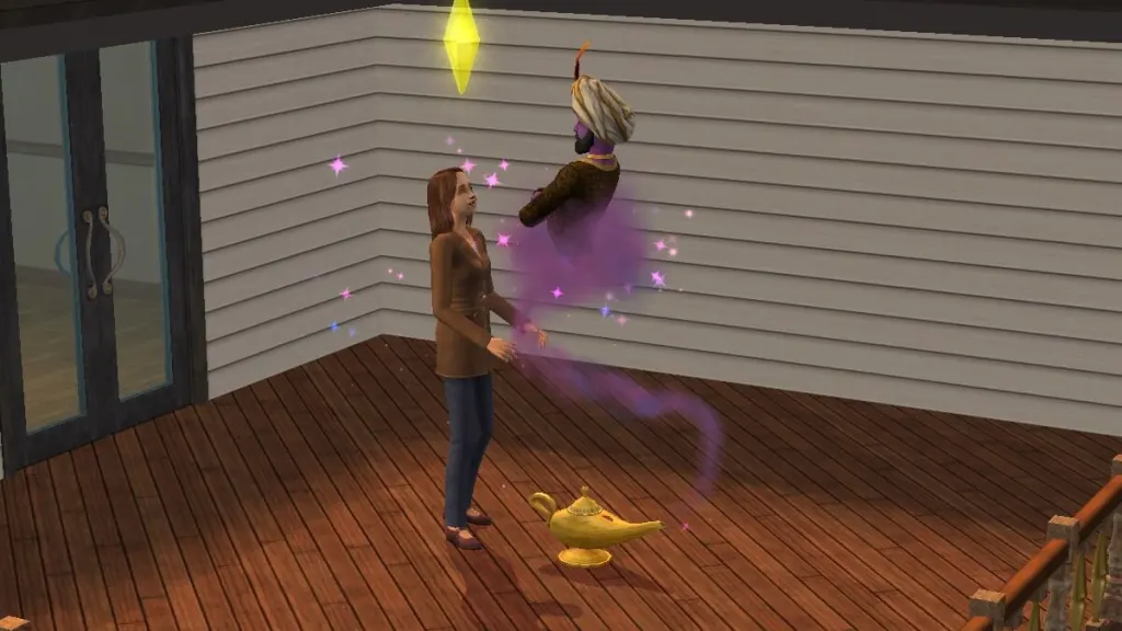 Sims 2 screenshot of The Genie appearing from a lamp.