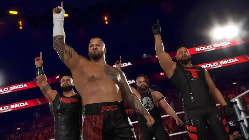 Bloodline 2.0 raising their hands on stage in WWE 2K25