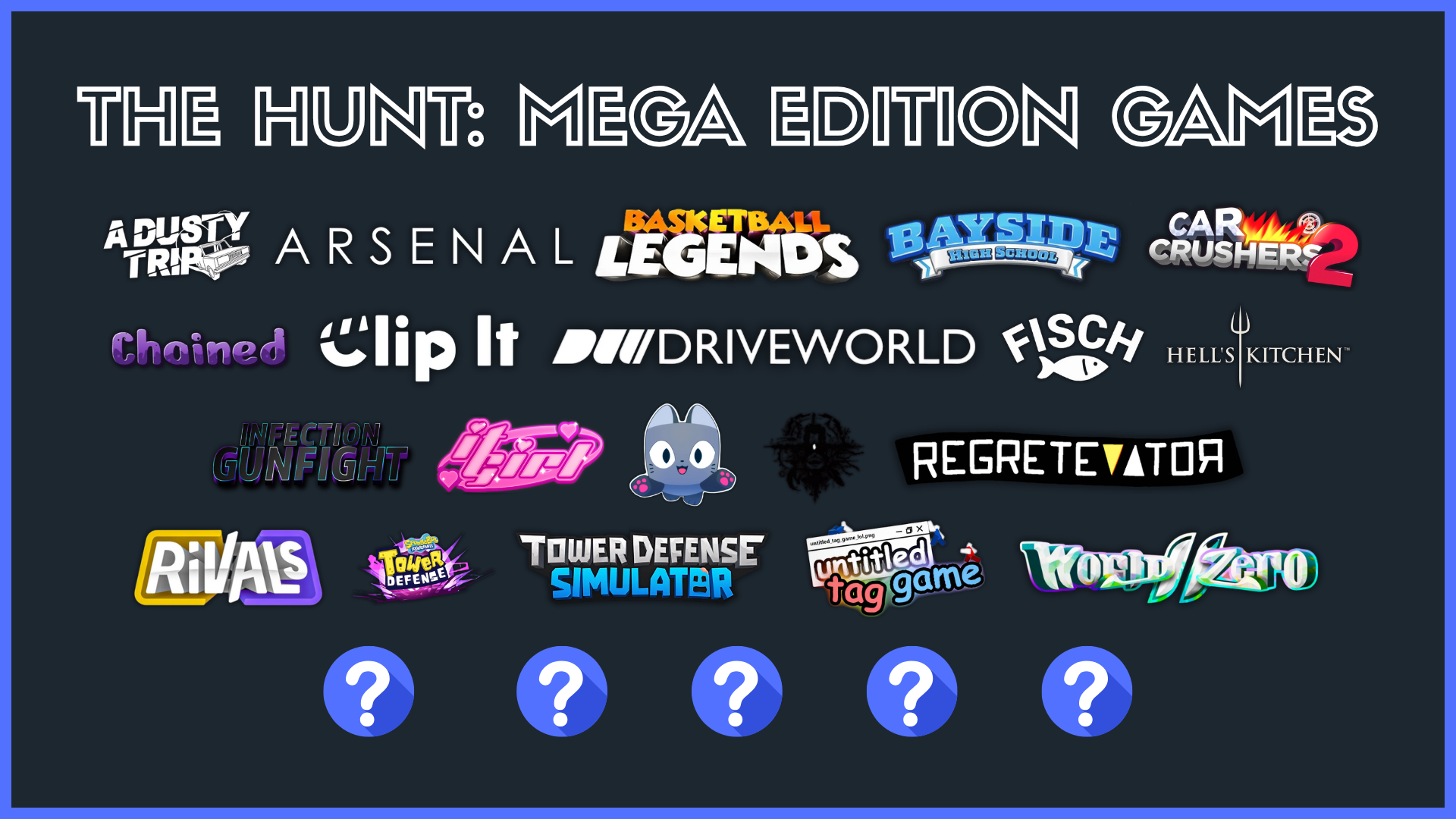 Preview of all the currently confirmed games that will be a part of The Hunt: Mega Event on Roblox