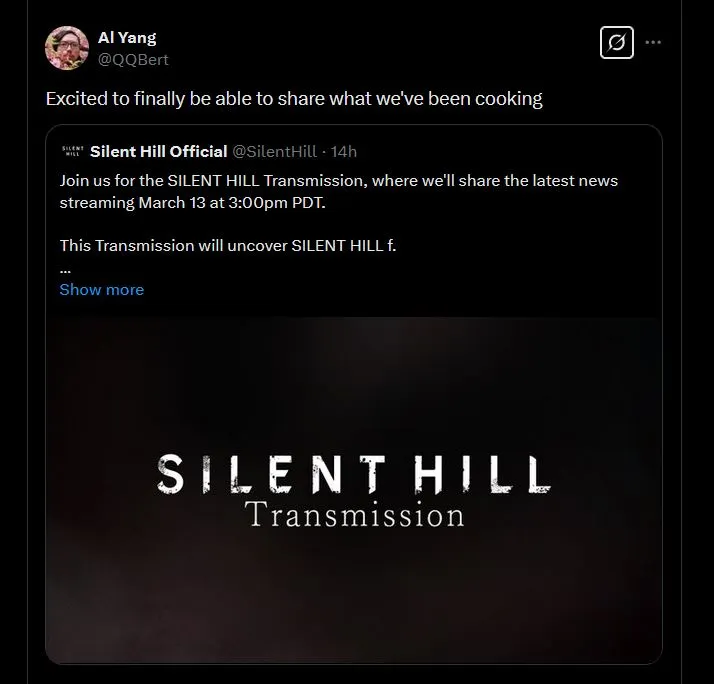 A screenshot from a Twitter/X post from Al Yang, saying the team is excited to be showing what they've been "cooking" for Silent Hill f.