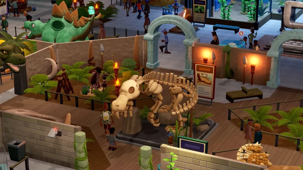 A gameplay screenshot from Two Point Museum featuring a closeup of a "dinosaur" skeleton.