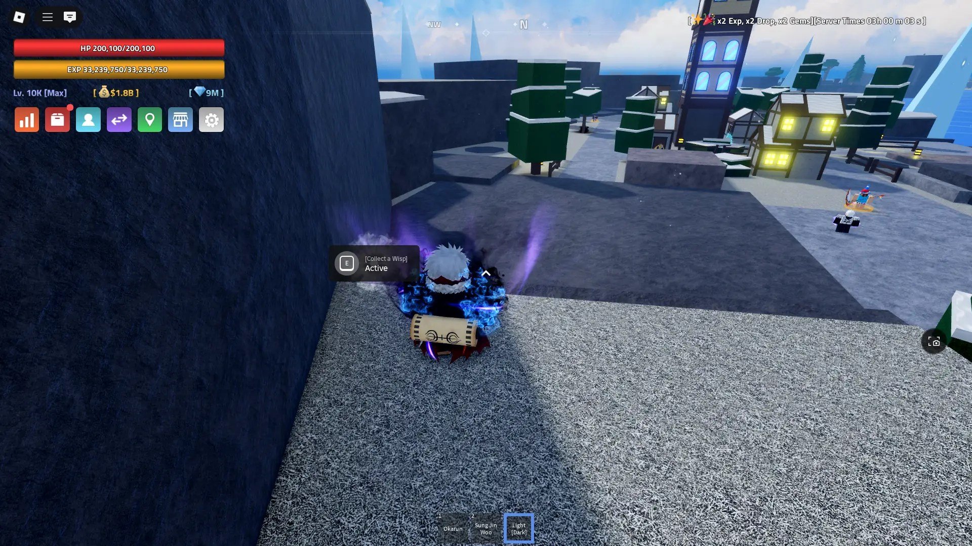 A player showing the Wisp spawn location on the Frozen Town Isle in the Verse Piece Roblox experience