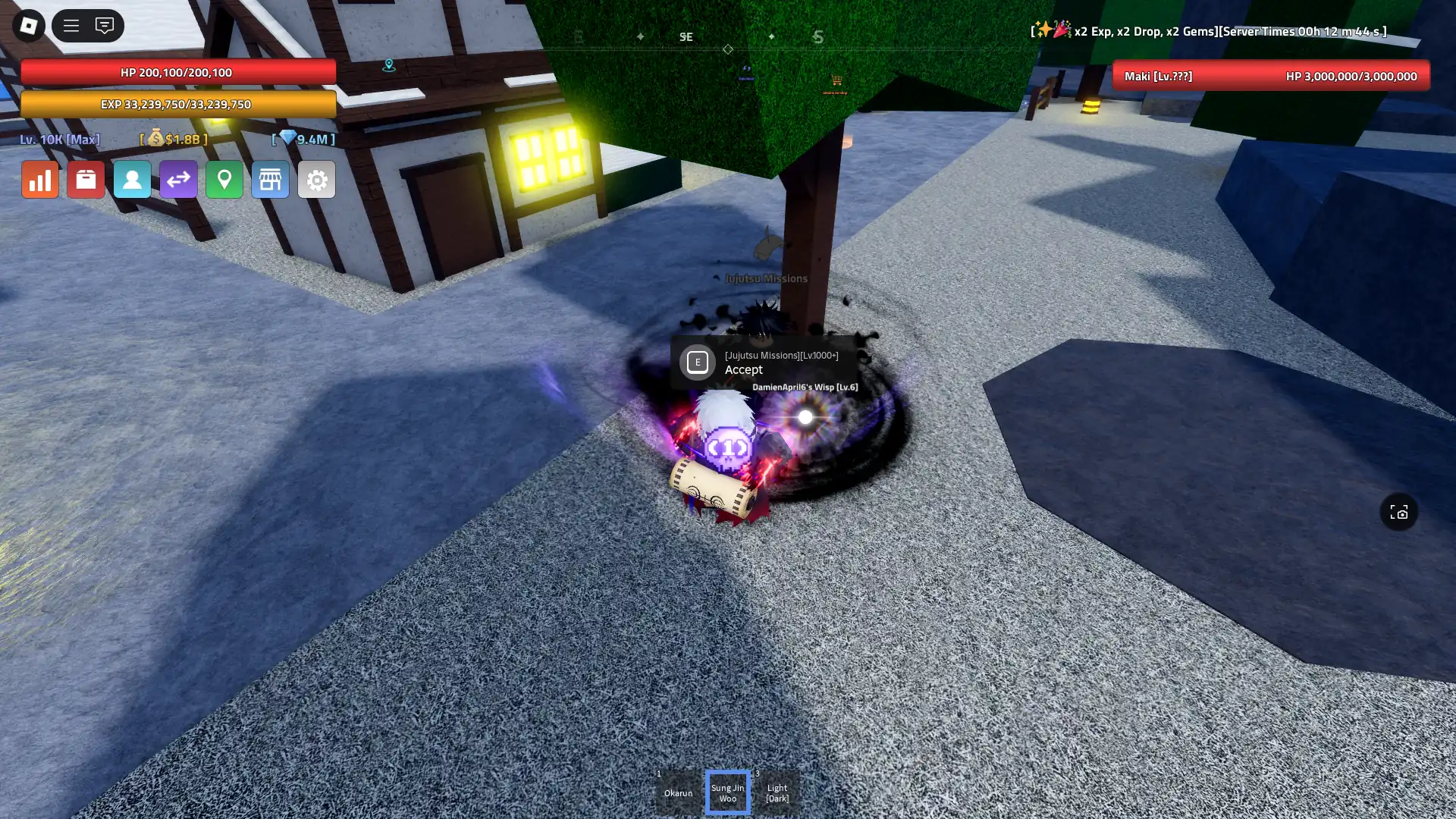 Location of the Jujutsu Missions NPC on the Frost Town Island in Verse Piece Roblox experience