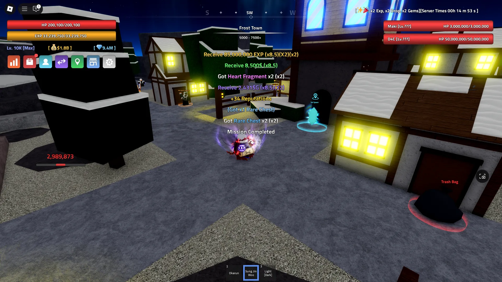 Preview of the rewards a player gets when they complete a Jujutsu Mission in Verse Piece Roblox experience